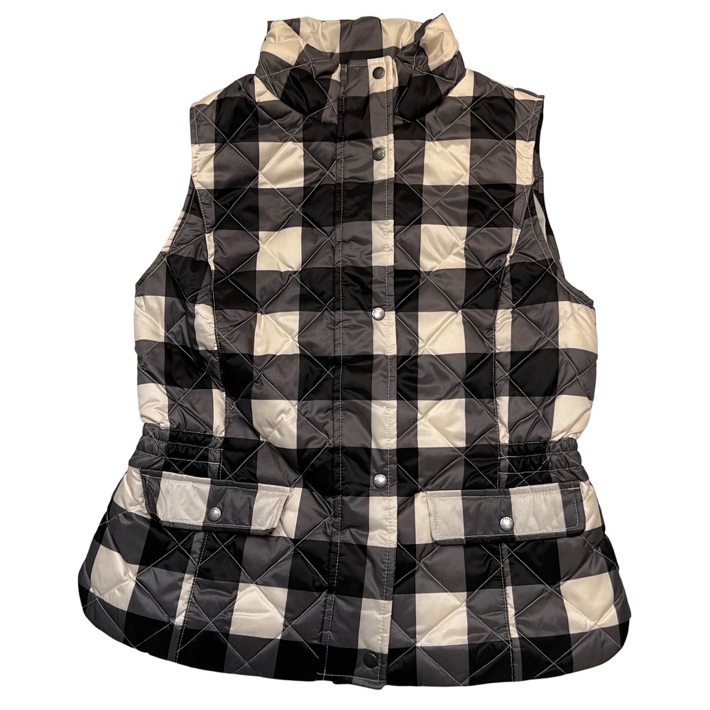 Talbots Black White Buffalo Plaid‎ Preppy Quilted Down Puffer Vest Size XS